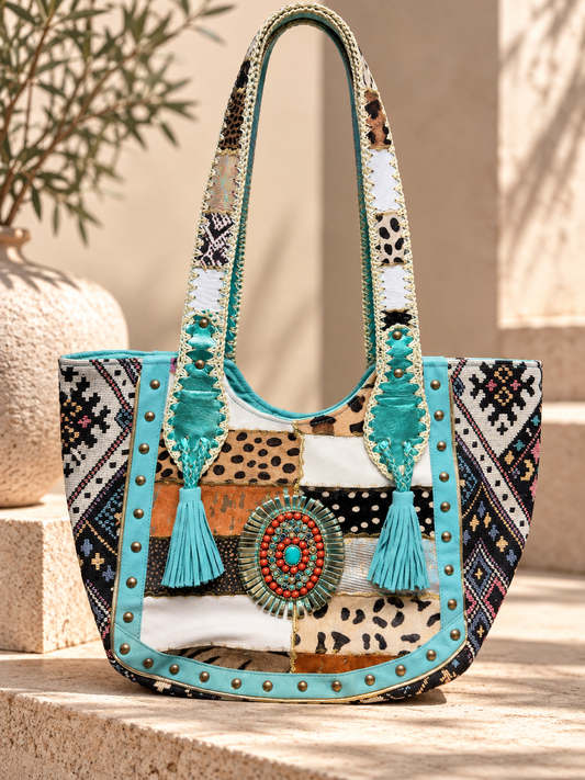 Indian Turquoise Nomad Patchwork Artisan Tote