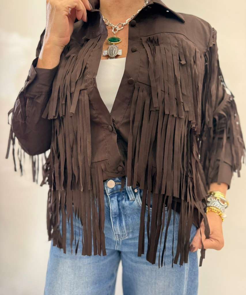 Italian Fringes Button Down Top Brown