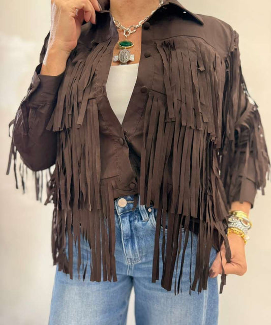 Italian Fringes Button Down Top Brown