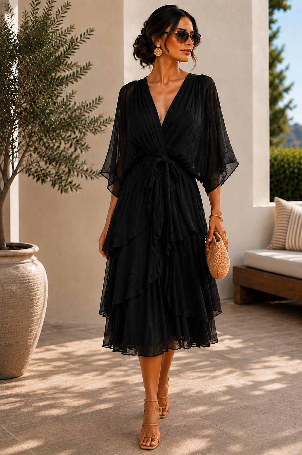 Italian Black Serena Pearl-Finish Midi Dress