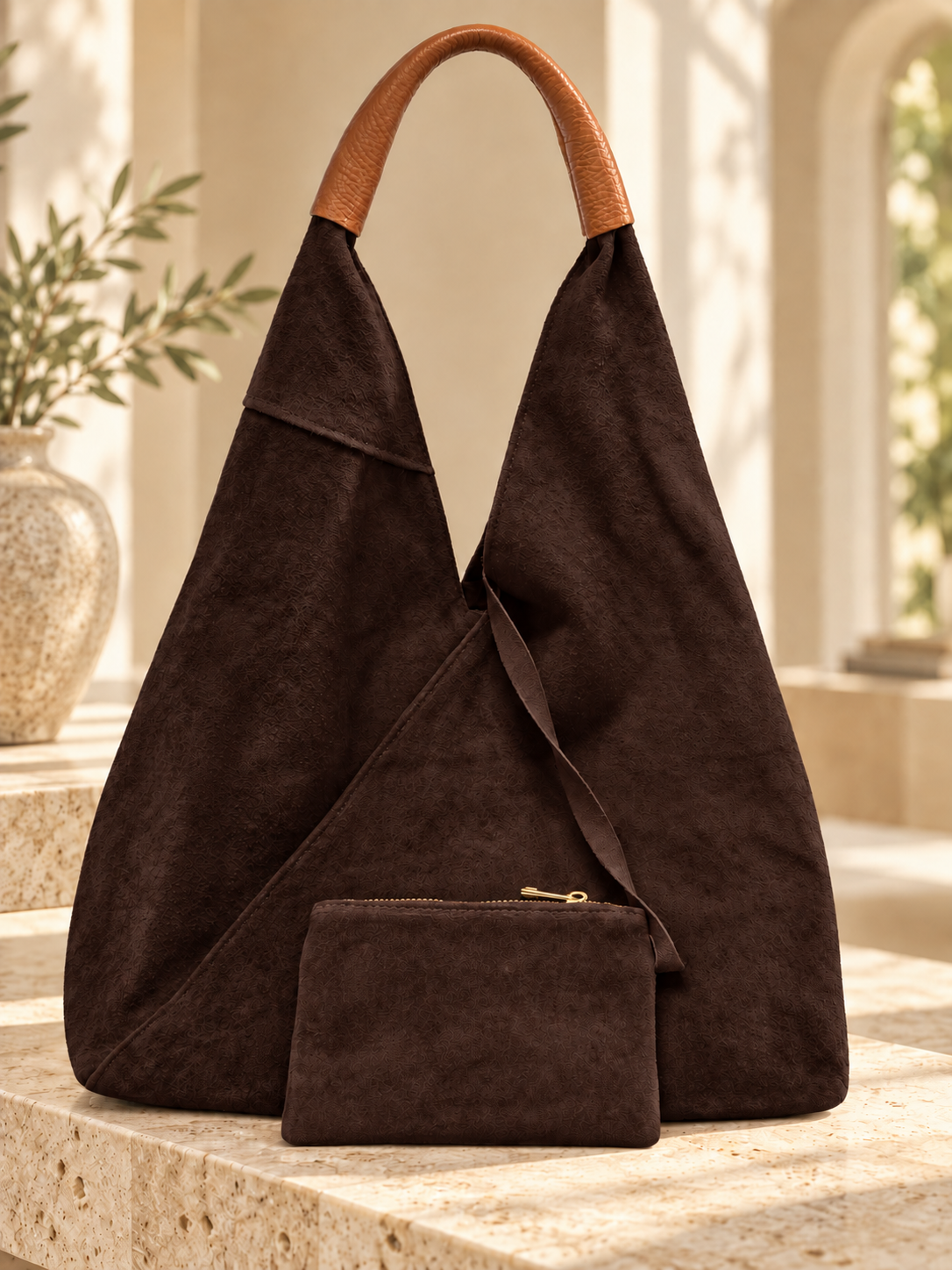 Dark chocolate Italian Hobo Bag with Pouch