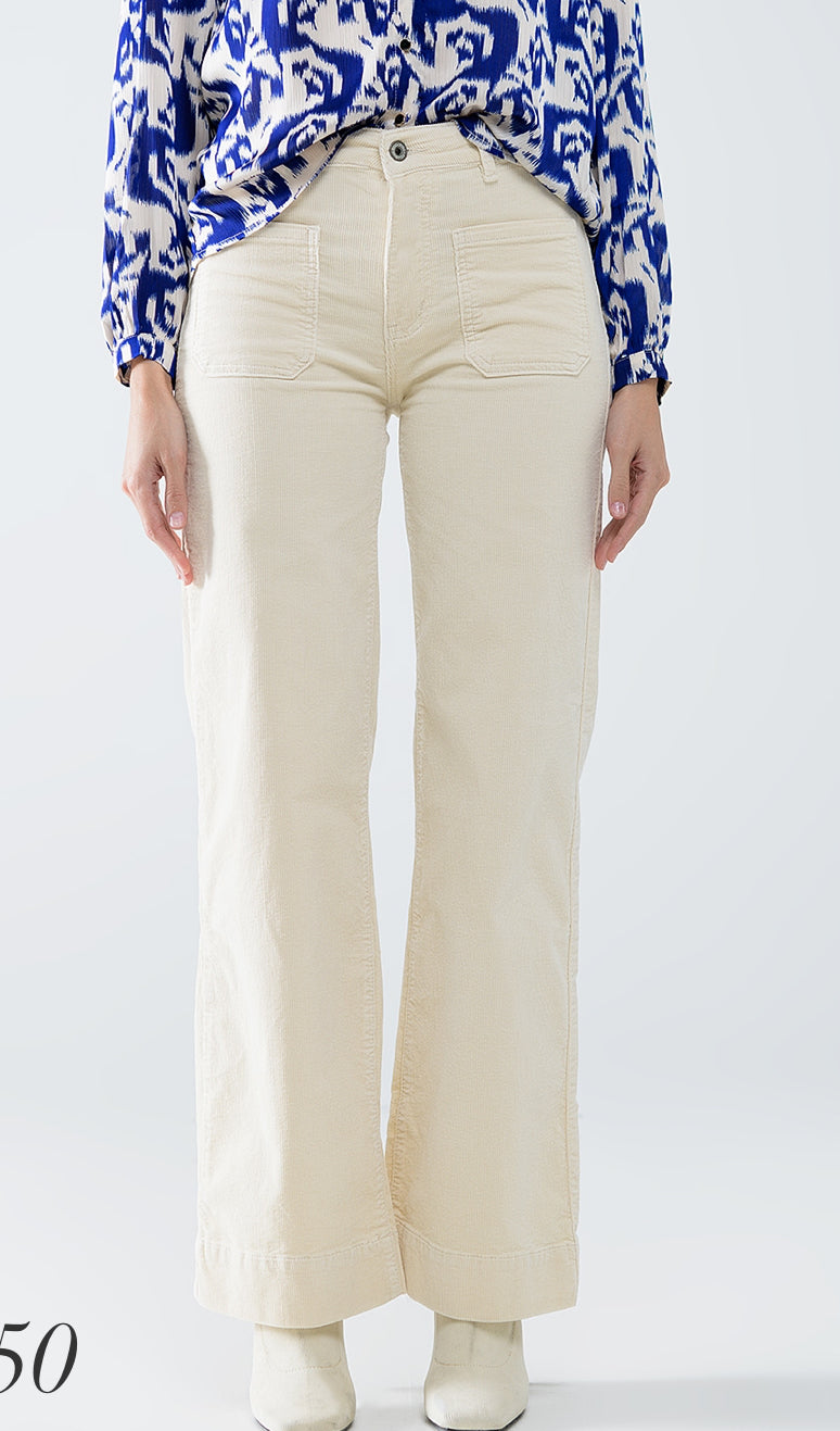 Straight Leg Corduroy Jeans in Ecru with Pockets Cream