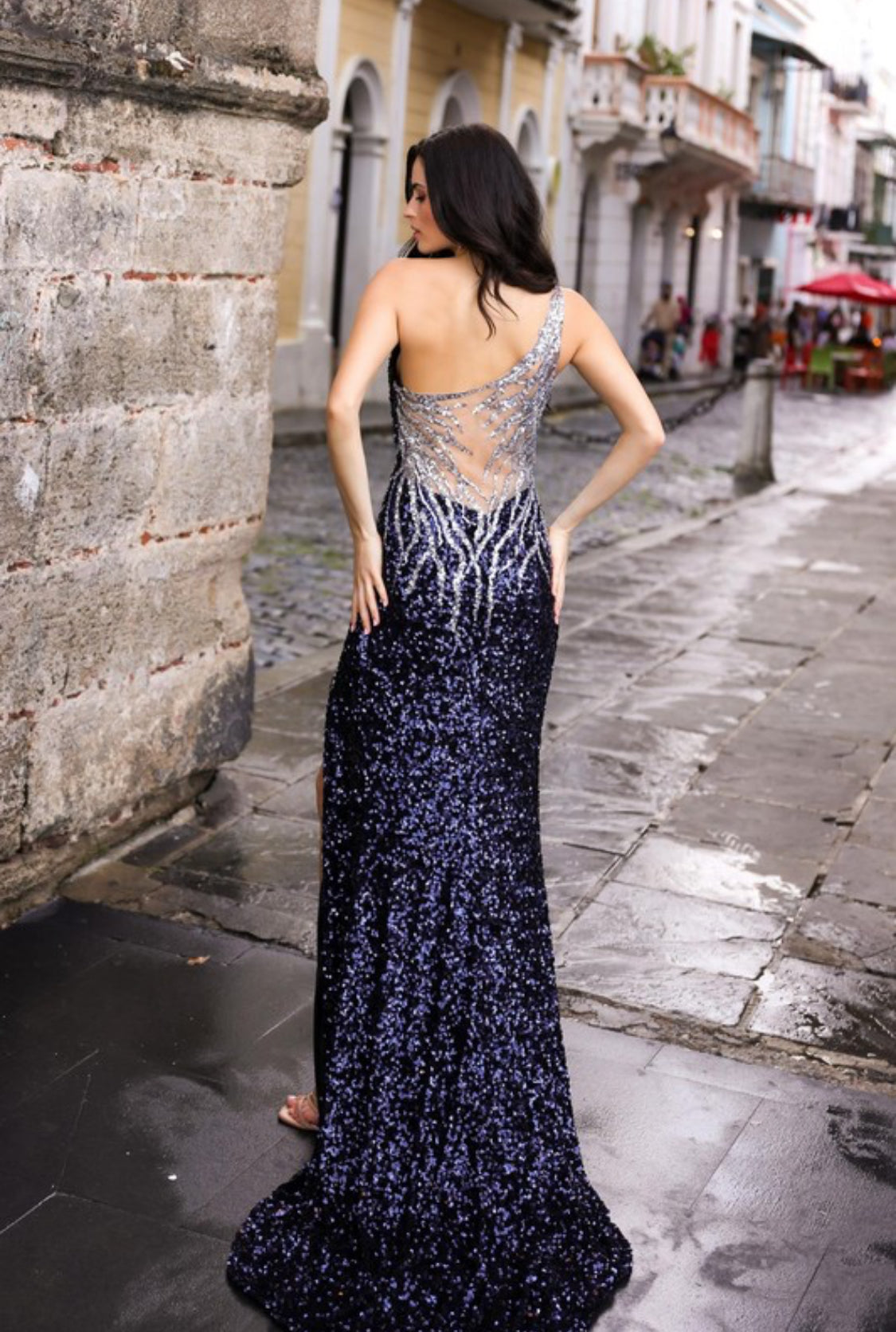 Sequin Sheer One Shoulder Maxi Dress Navy