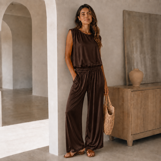 Italian Brown Satin Elegance Two-Piece Set