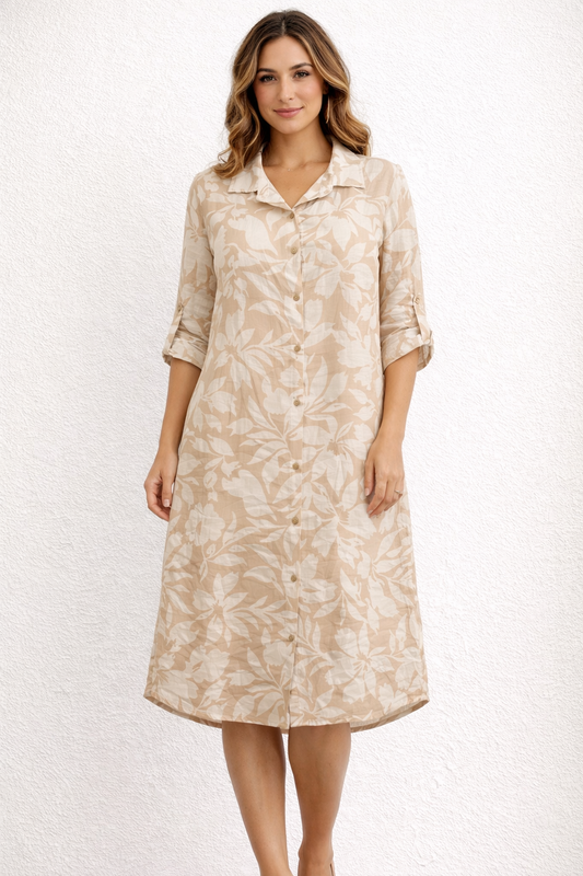 Beige Tropical Linen Dress