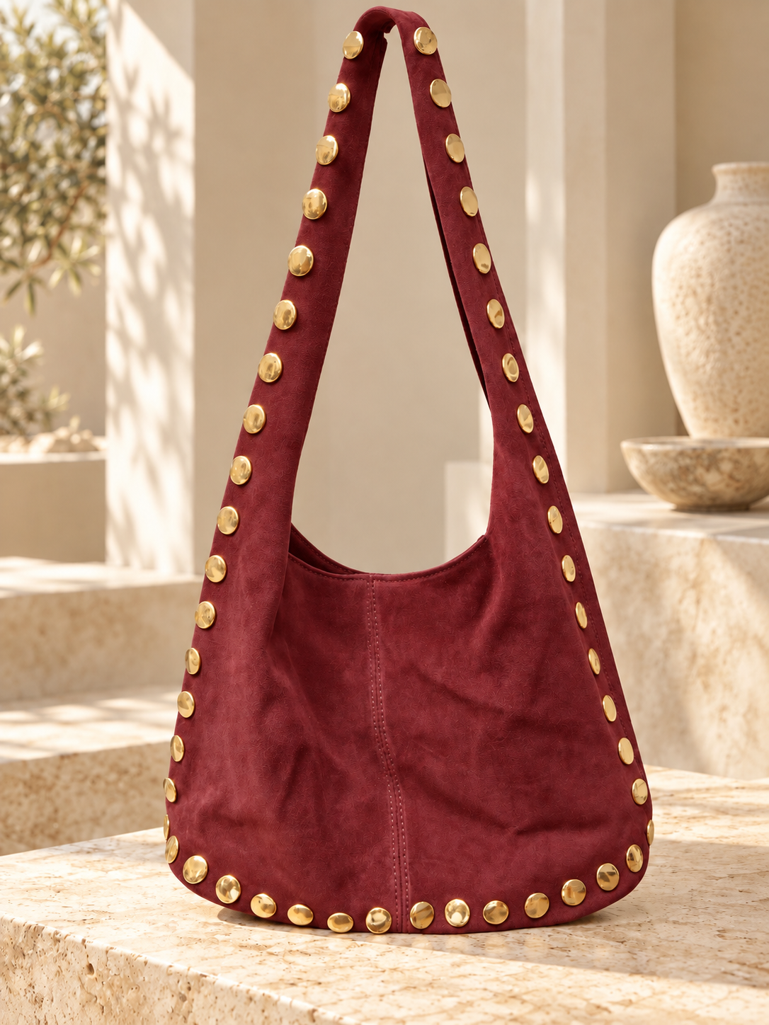 Red Gold Studded Hobo Bag