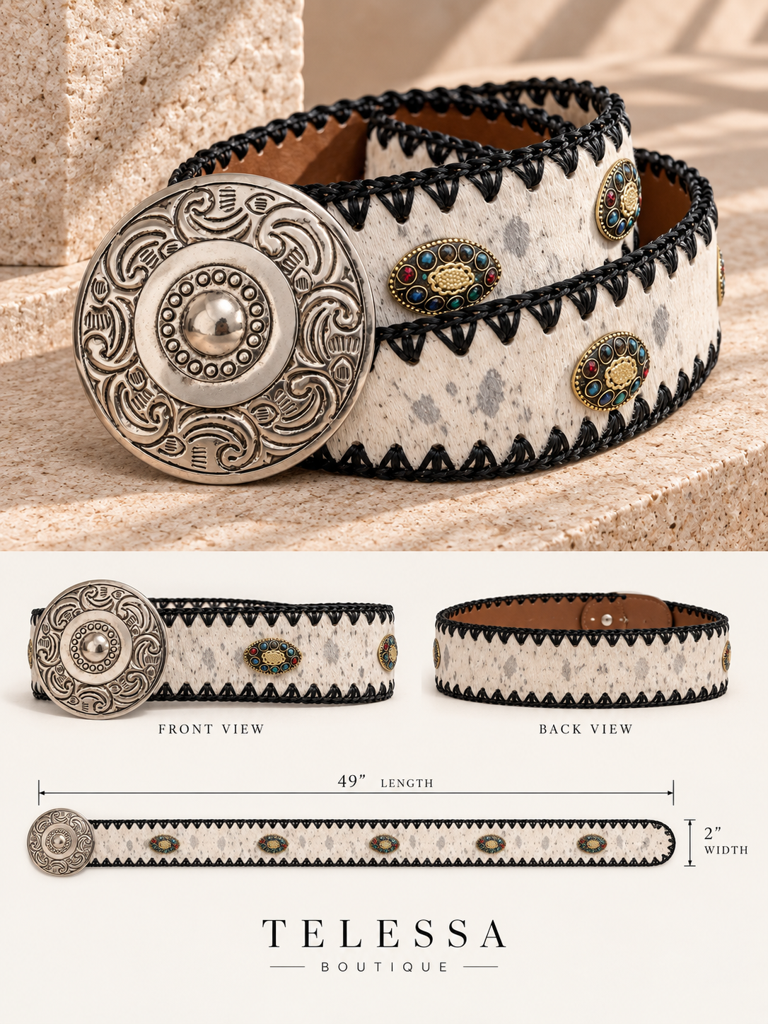 Ivory Cowhide Statement Belt with Jeweled Conchos