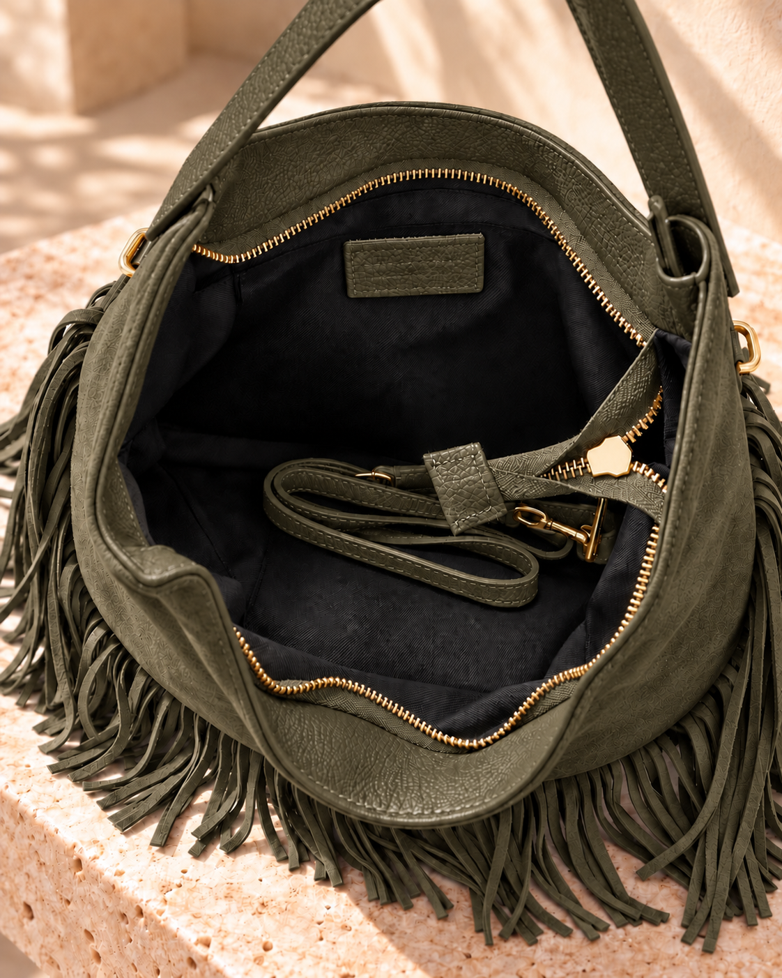 Olive Boho Fringe Hobo Bag