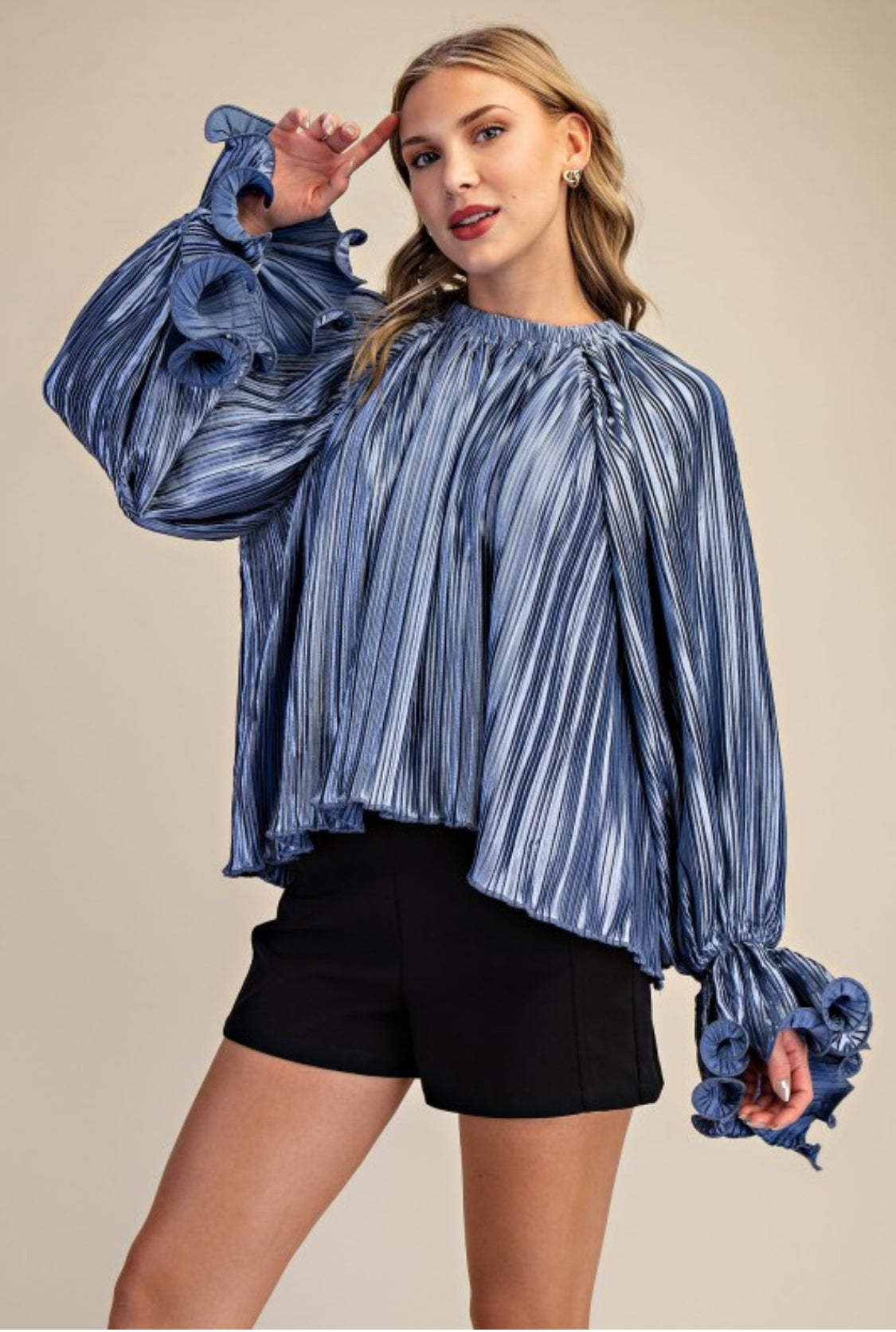 Pleated Full Ruffles Top Blue