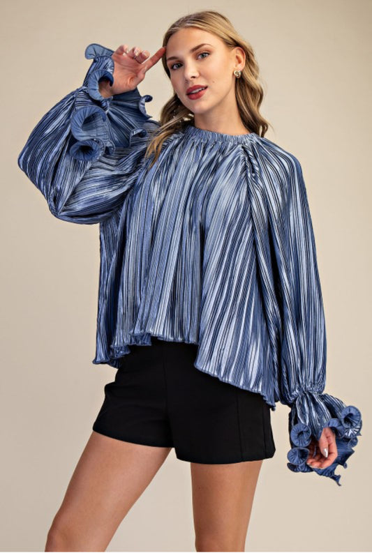 Pleated Full Ruffles Top Blue