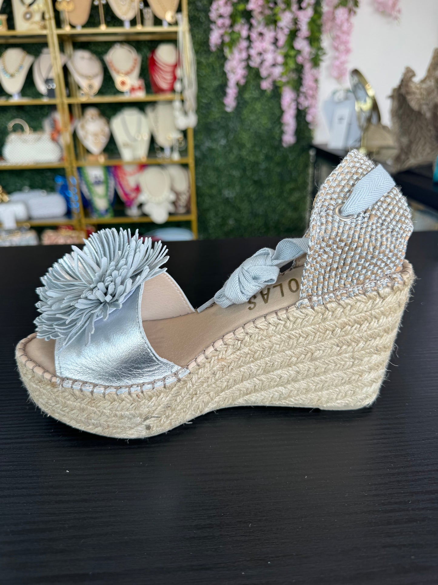 Espadrille Silver Leather Upper with Flower accent