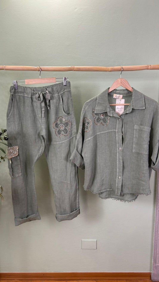 Flower Italian Linen Set Green