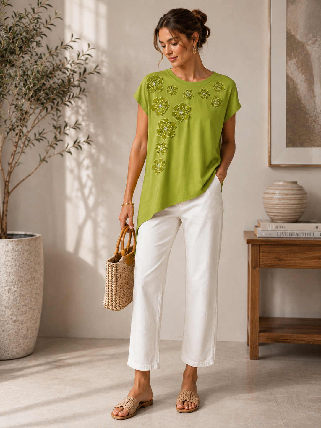 Green Floral Appliqué Asymmetrical Top