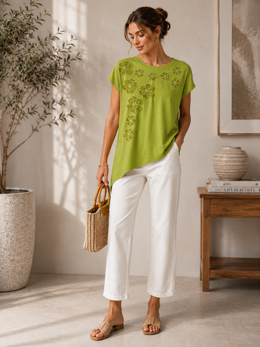 Green Floral Appliqué Asymmetrical Top