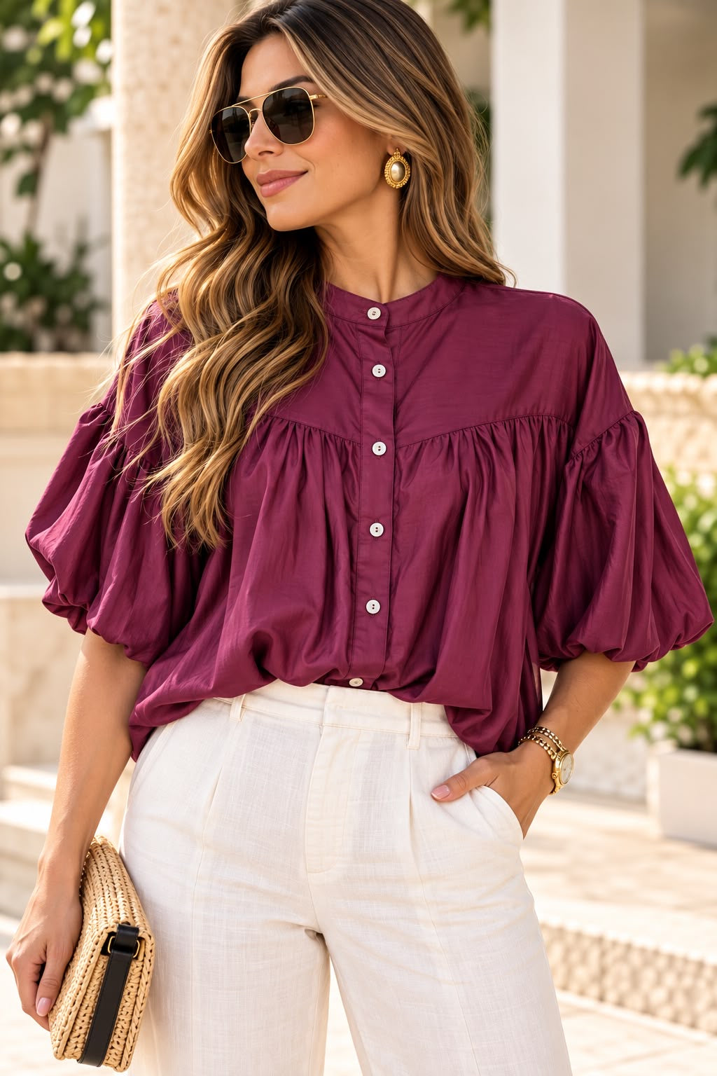 Plum Italian Lyocell Balloon Sleeve Blouse