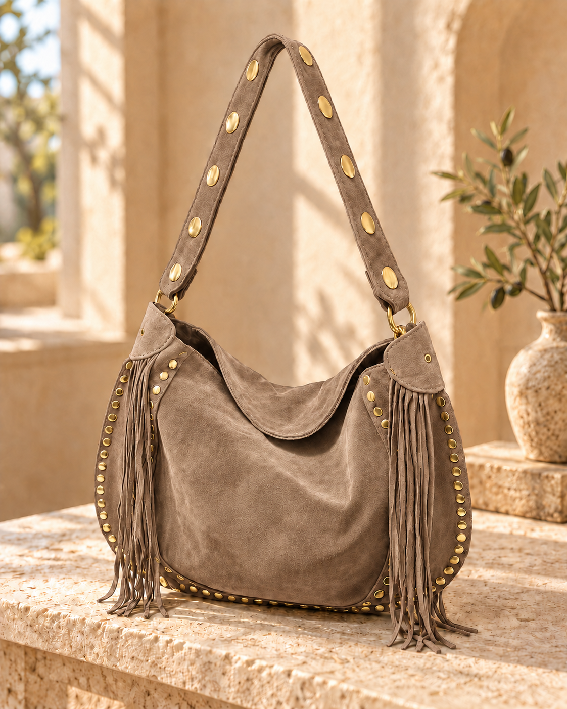 Taupe Boho Fringe Hobo Bag