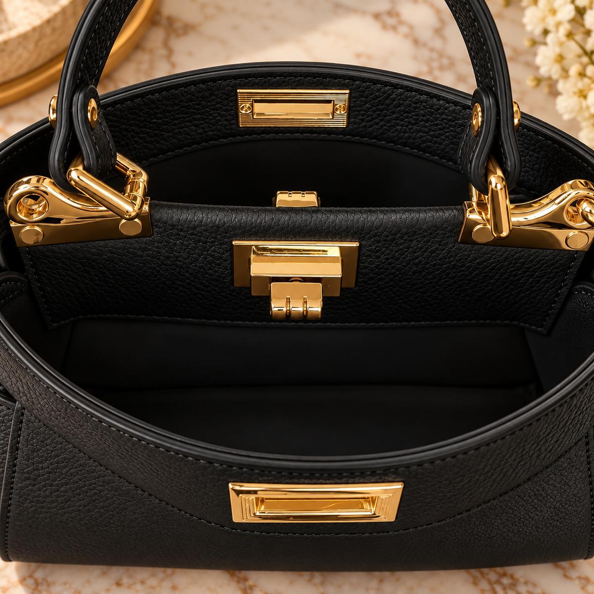 Black Italian Leather Structured Top Handle Handbag
