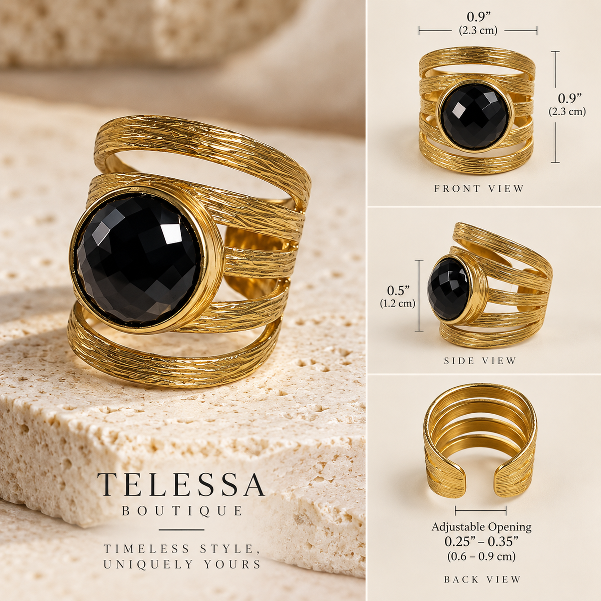 Turkish Black Onyx Sculptural Statement Ring