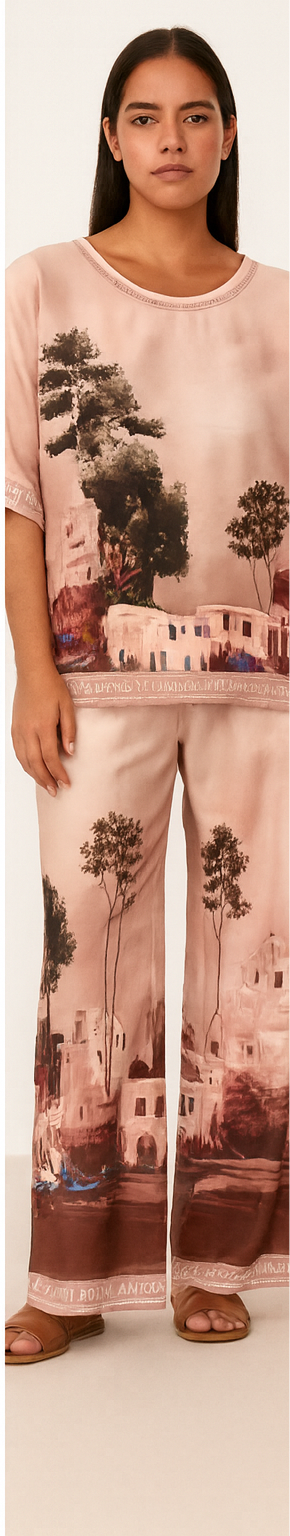 Satin Pants And Blouse Set In Beige From Italia Collection