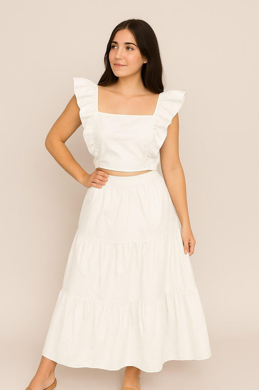 Maxi Ruffle Skirt & Top White Set