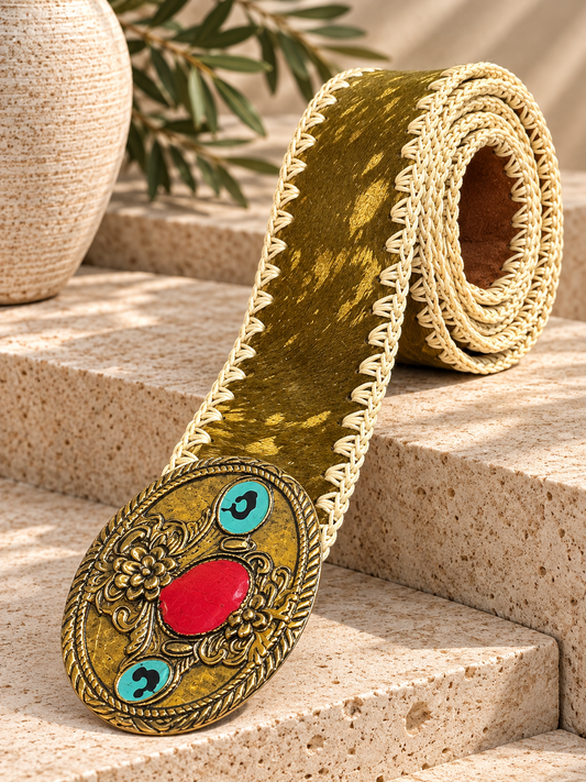 Indian Olive Gold Artisan Statement Leather Belt