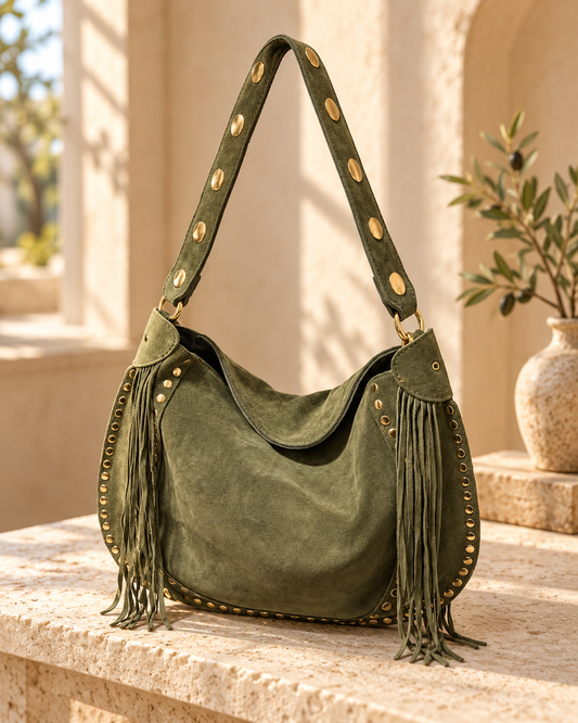 Olive Boho Fringe Hobo Bag