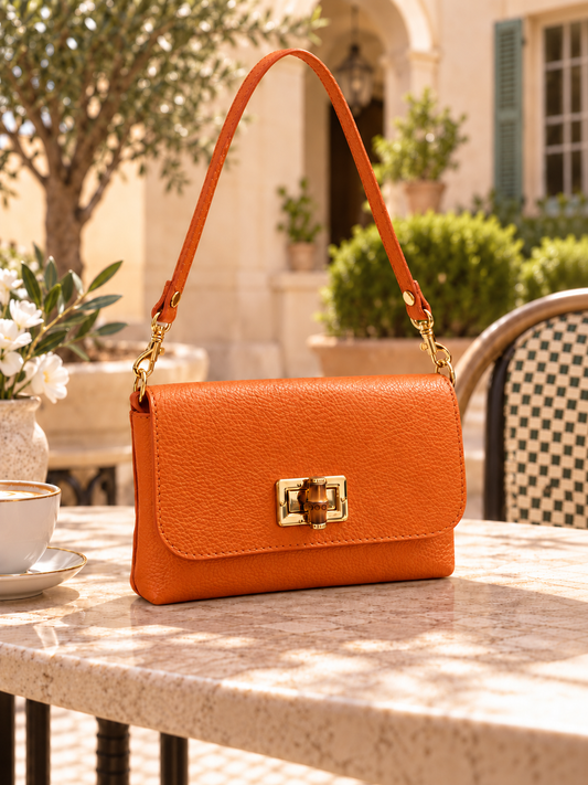 Orange Italian Leather Bamboo-Detail Bag