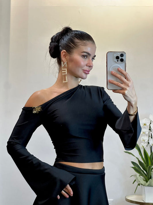 Black Satin One-Shoulder Blouse with Flared Sleeve