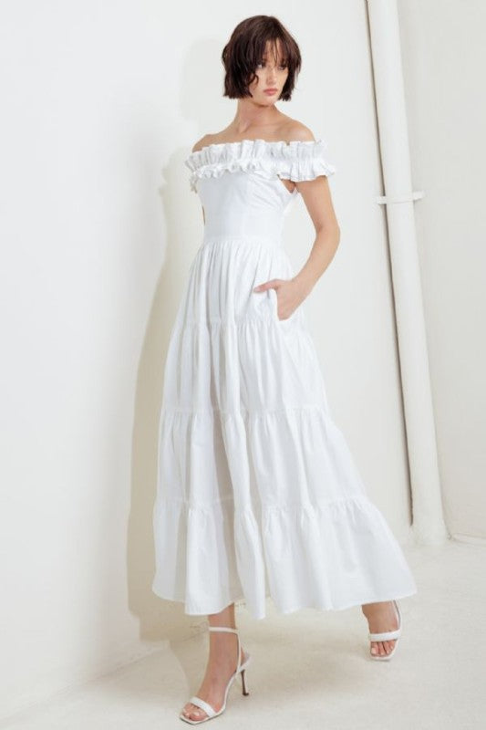Woven Midi Dress Featuring Ruffled Neckline