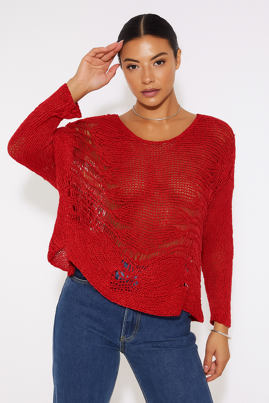 Red Mesh Top Long Sleeve