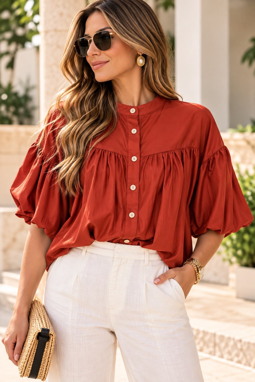 Orange Italian Lyocell Balloon Sleeve Blouse