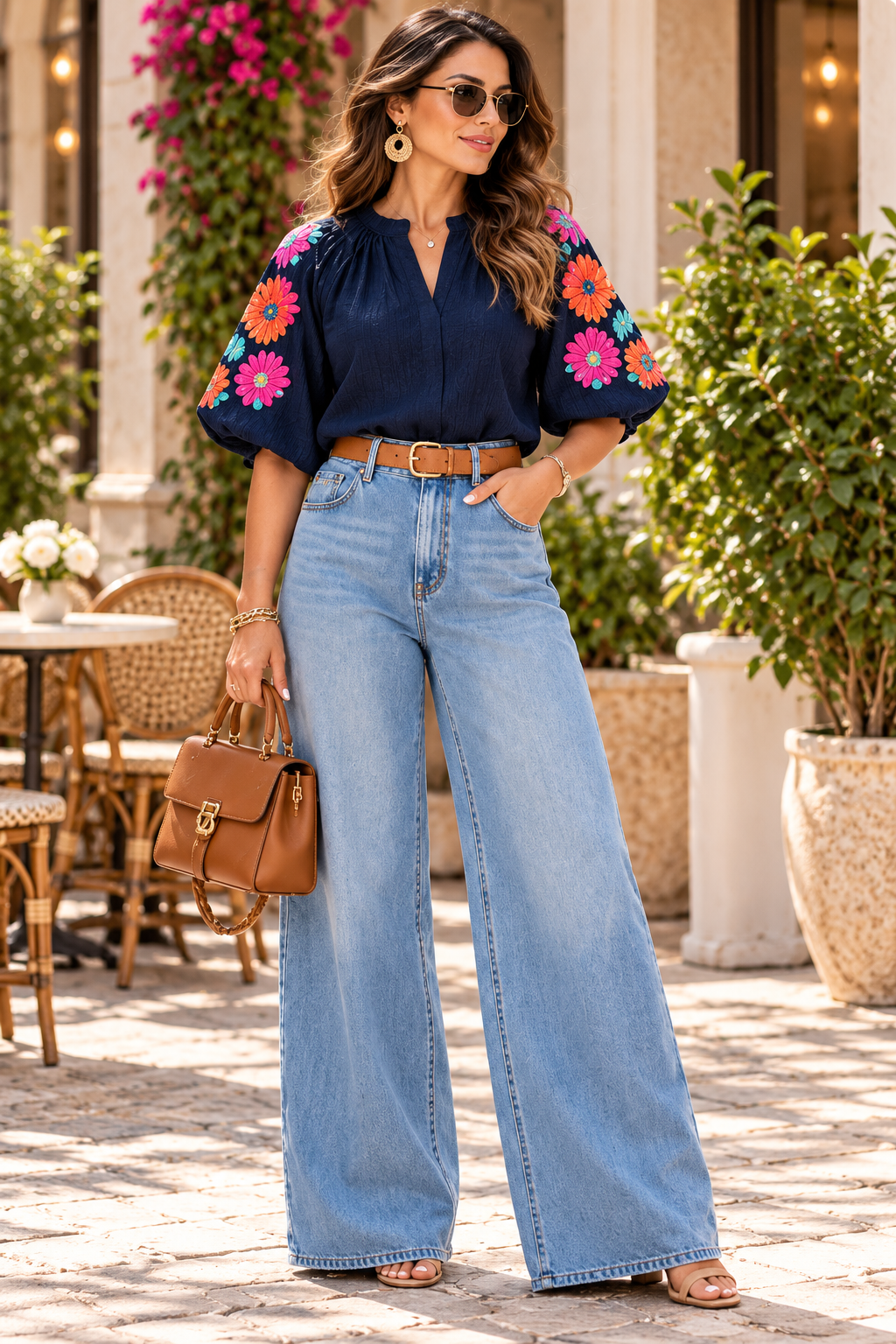 Blue blouse with embroidery on sleeves
