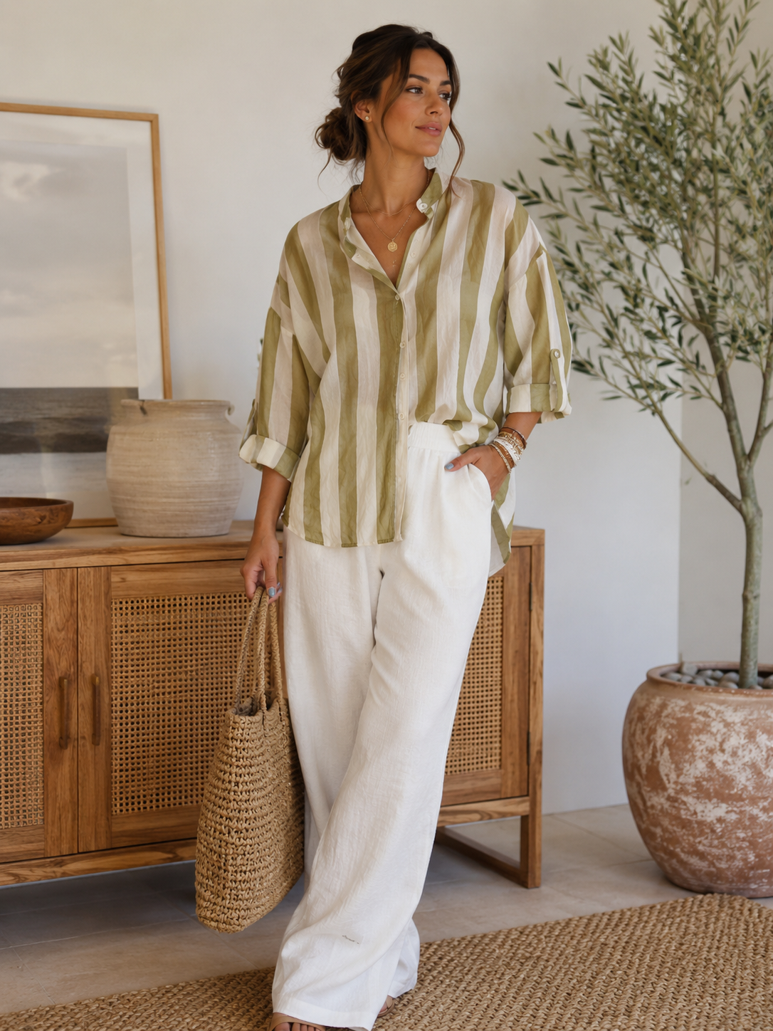 Italian Striped Relaxed Button-Up Blouse Green