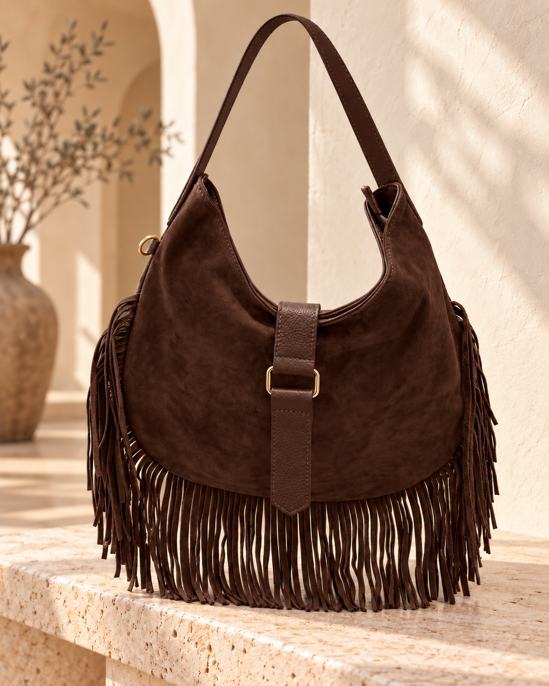 Dark Chocolate Boho Fringe Hobo Bag