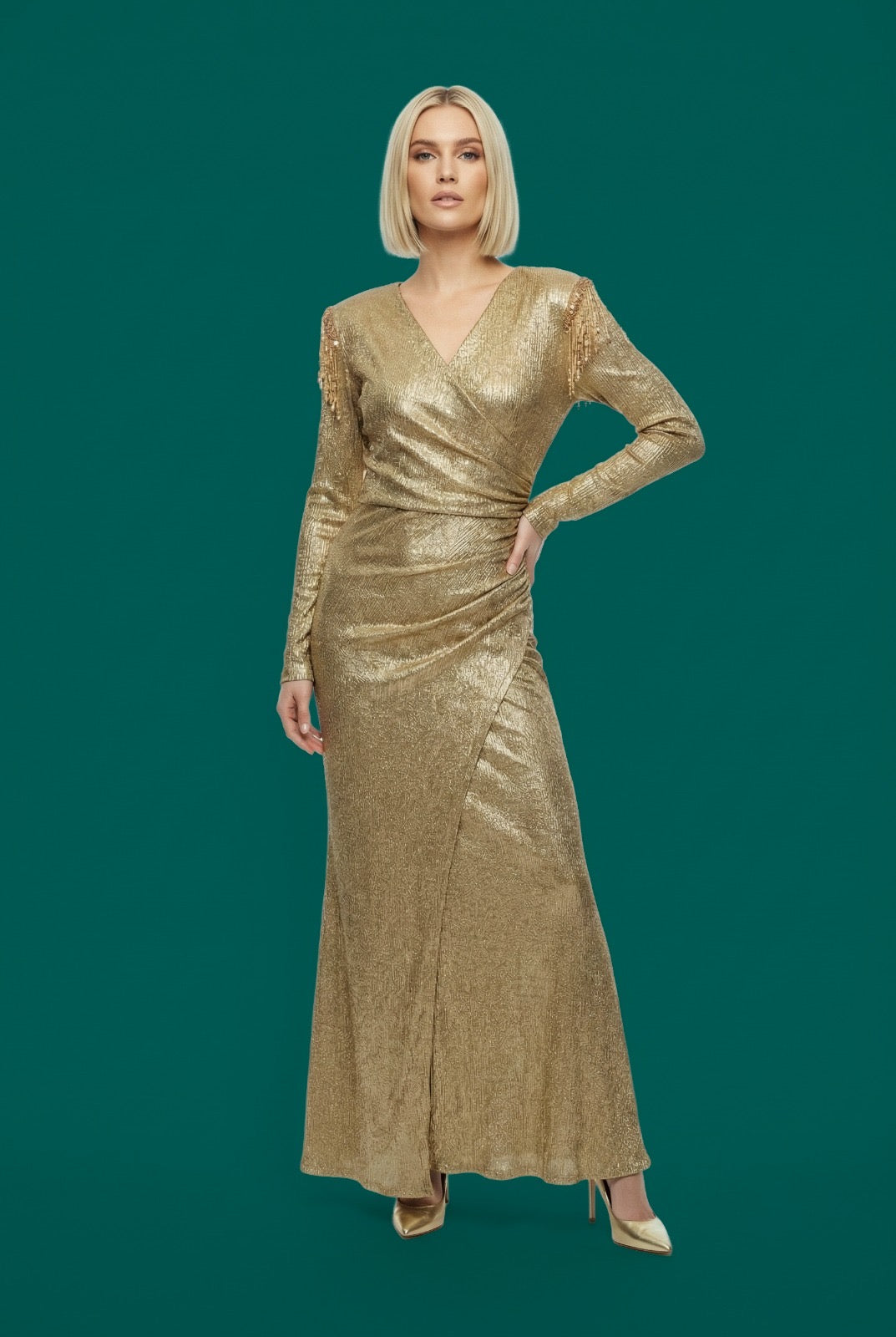 N by Nancy Majestic Fringe Shoulder Lurex Dress Gold