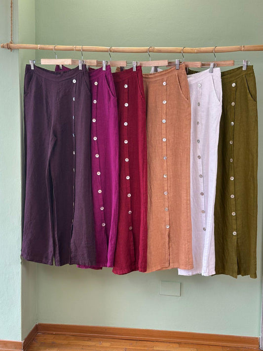 Italian Linen Palazzo with Buttons Red