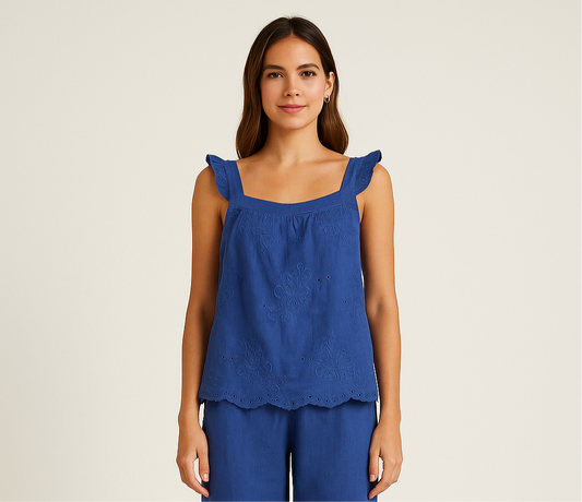 Italian Linen Top With Sangallo in Blue