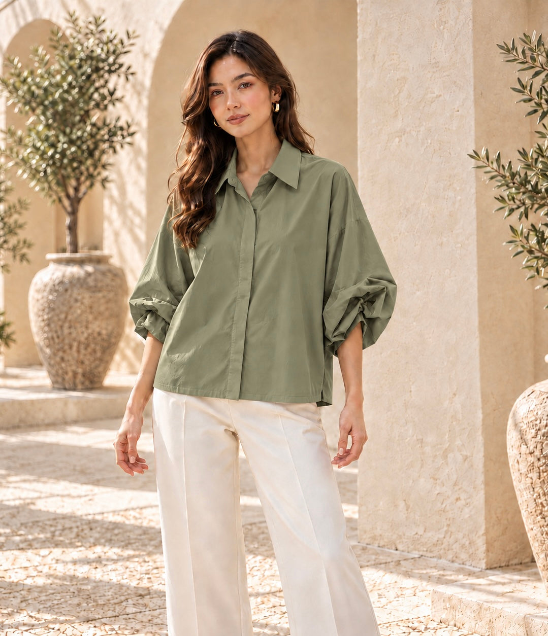 Olive Italian Volume Sleeve Blouse