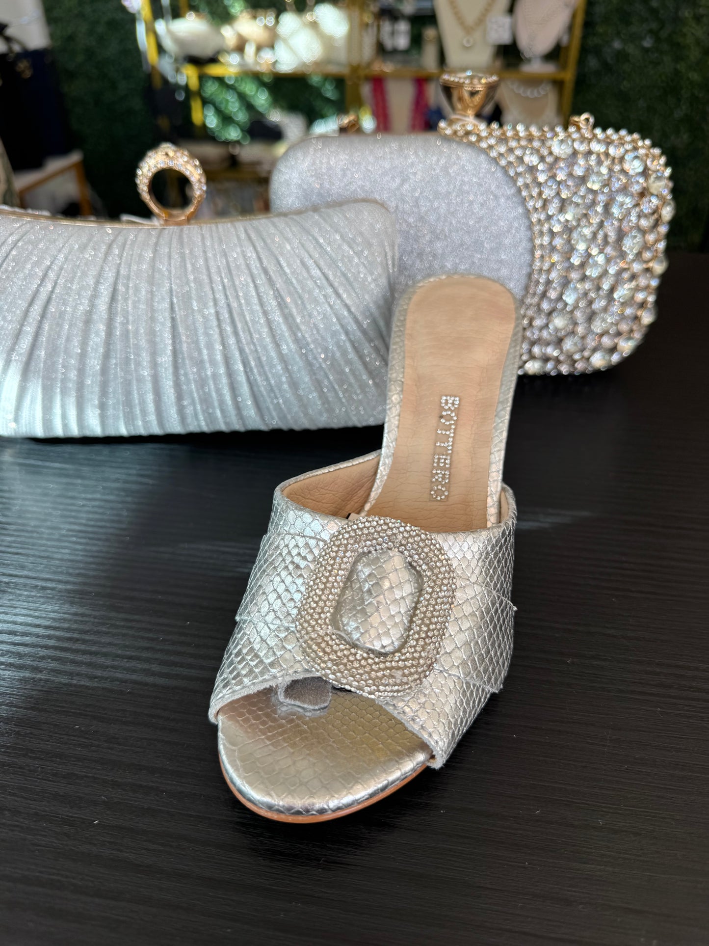 Bottero Leather Silver Crystals Bucket Accent Sandals