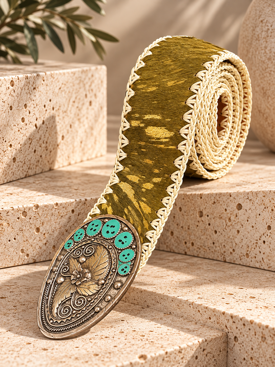 Olive Blue Gold Artisan Statement Belt