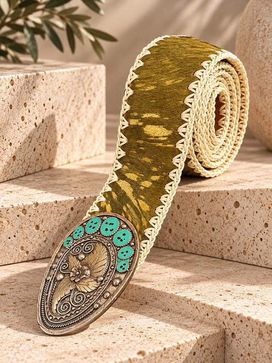 Indian Olive Blue Gold Artisan Statement Leather Belt