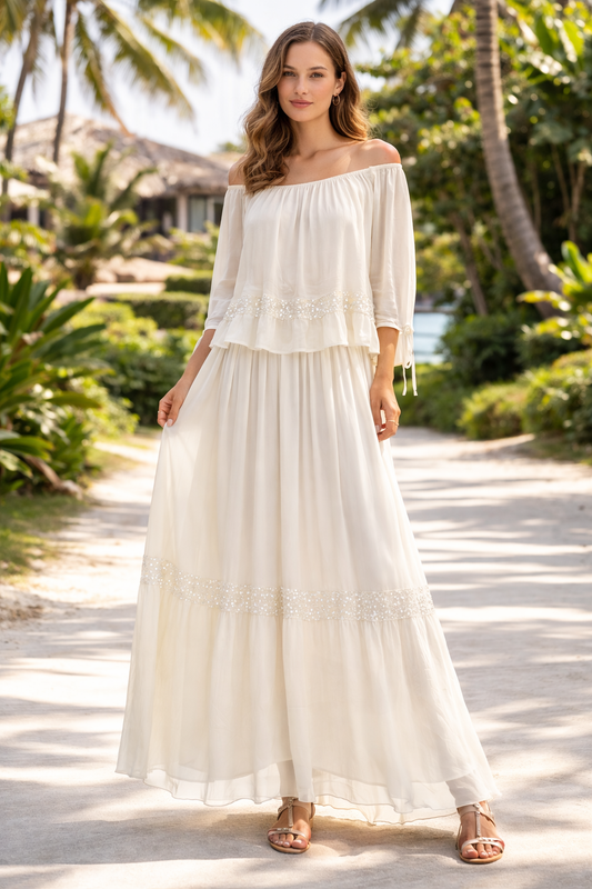 Italian Silk Set with Sequin Accents Ivory-One Size