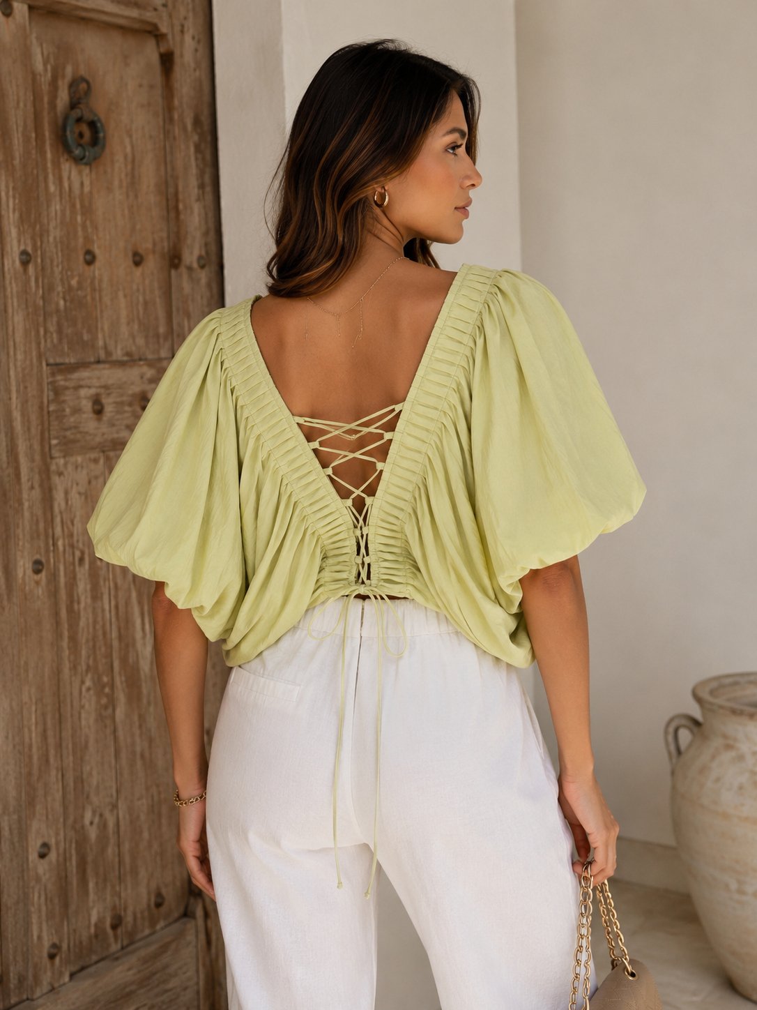 Lime Green Gold Buttons Crop Top