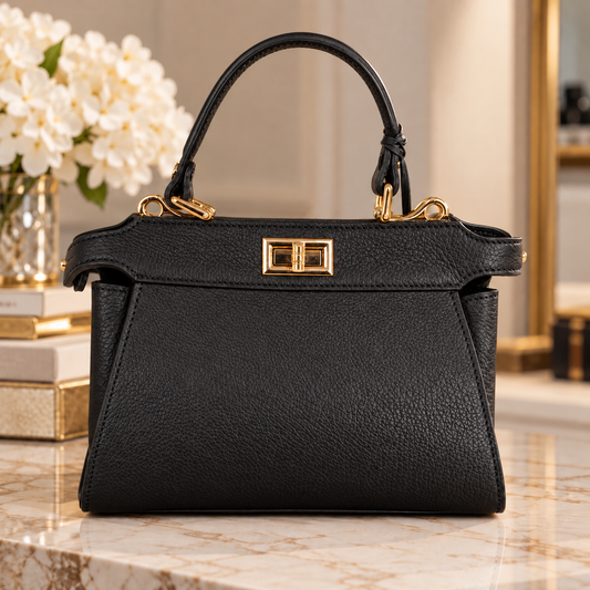 Black Italian Leather Structured Top Handle Handbag