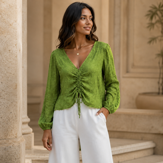 Green Italian Embroidered Drawstring Blouse