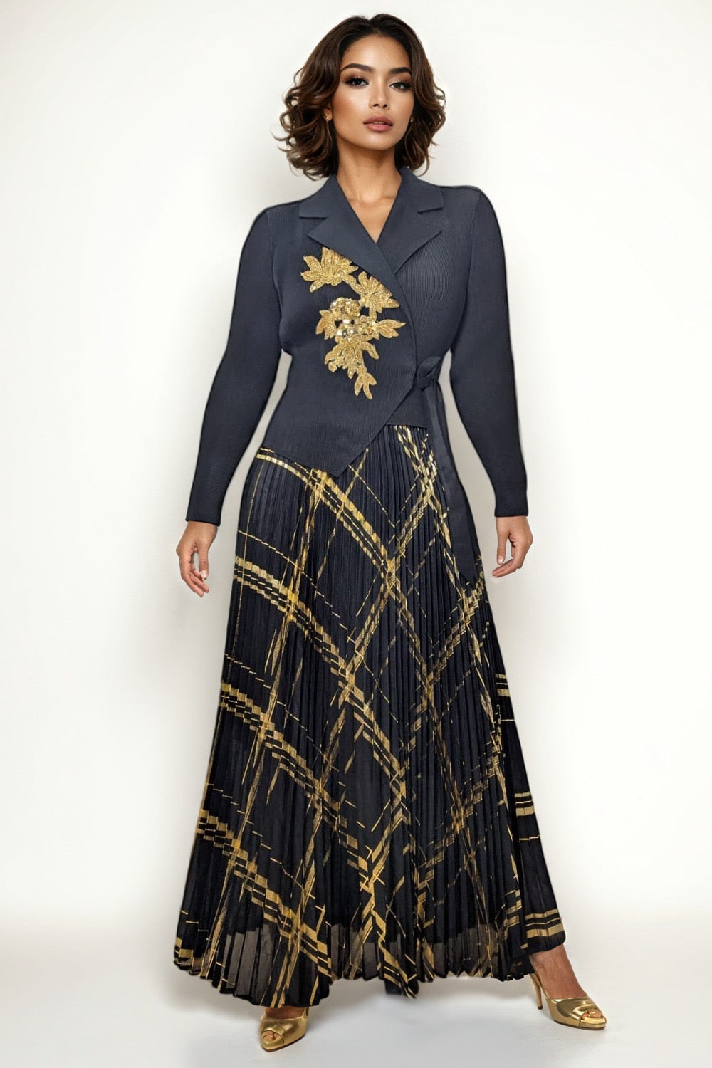 Black Golden Accent Pleated Wrap Dress