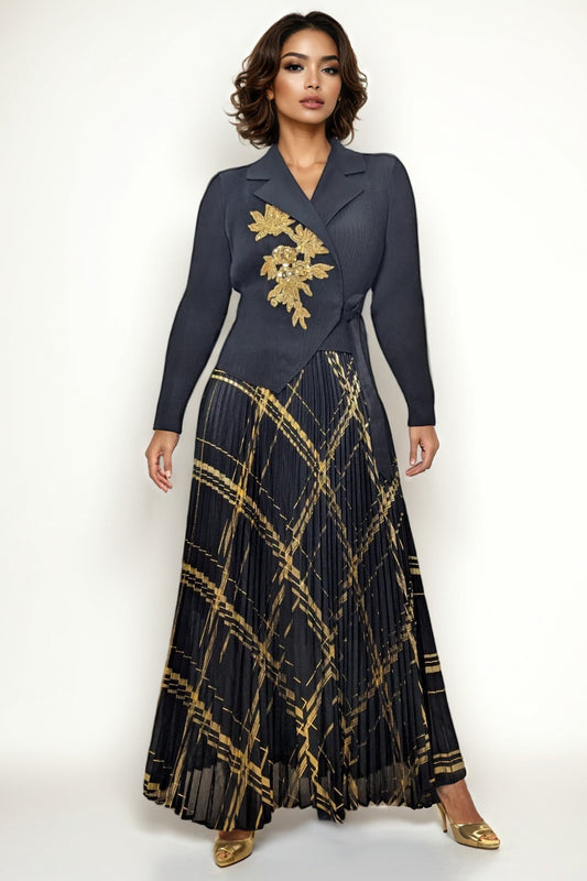 Black Golden Accent Pleated Wrap Dress