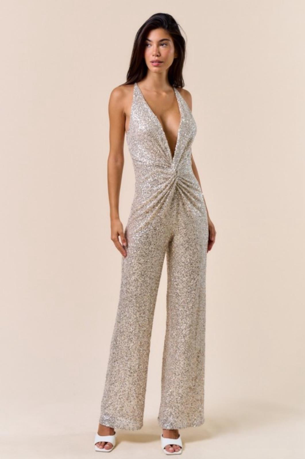Sequin Front Twist Jumpsuit