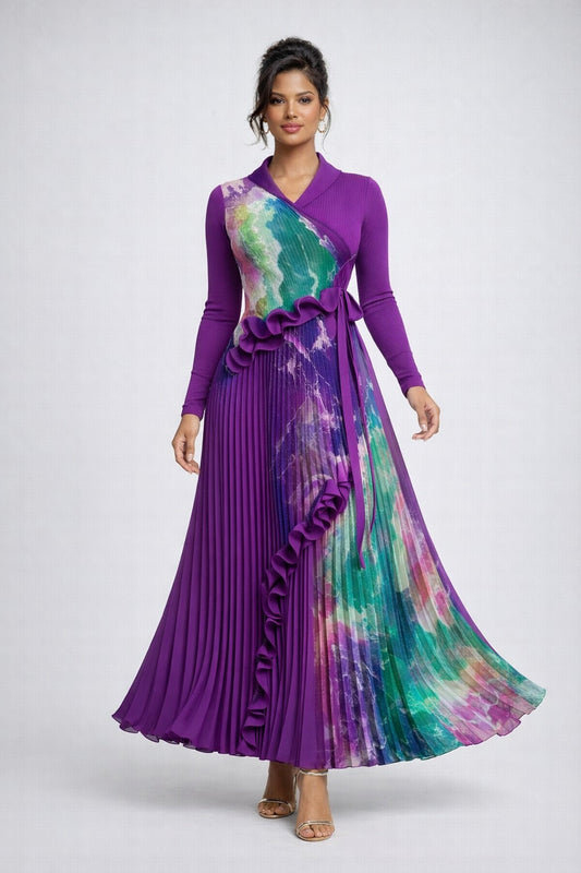 Abstract Print Pleated Maxi Dress