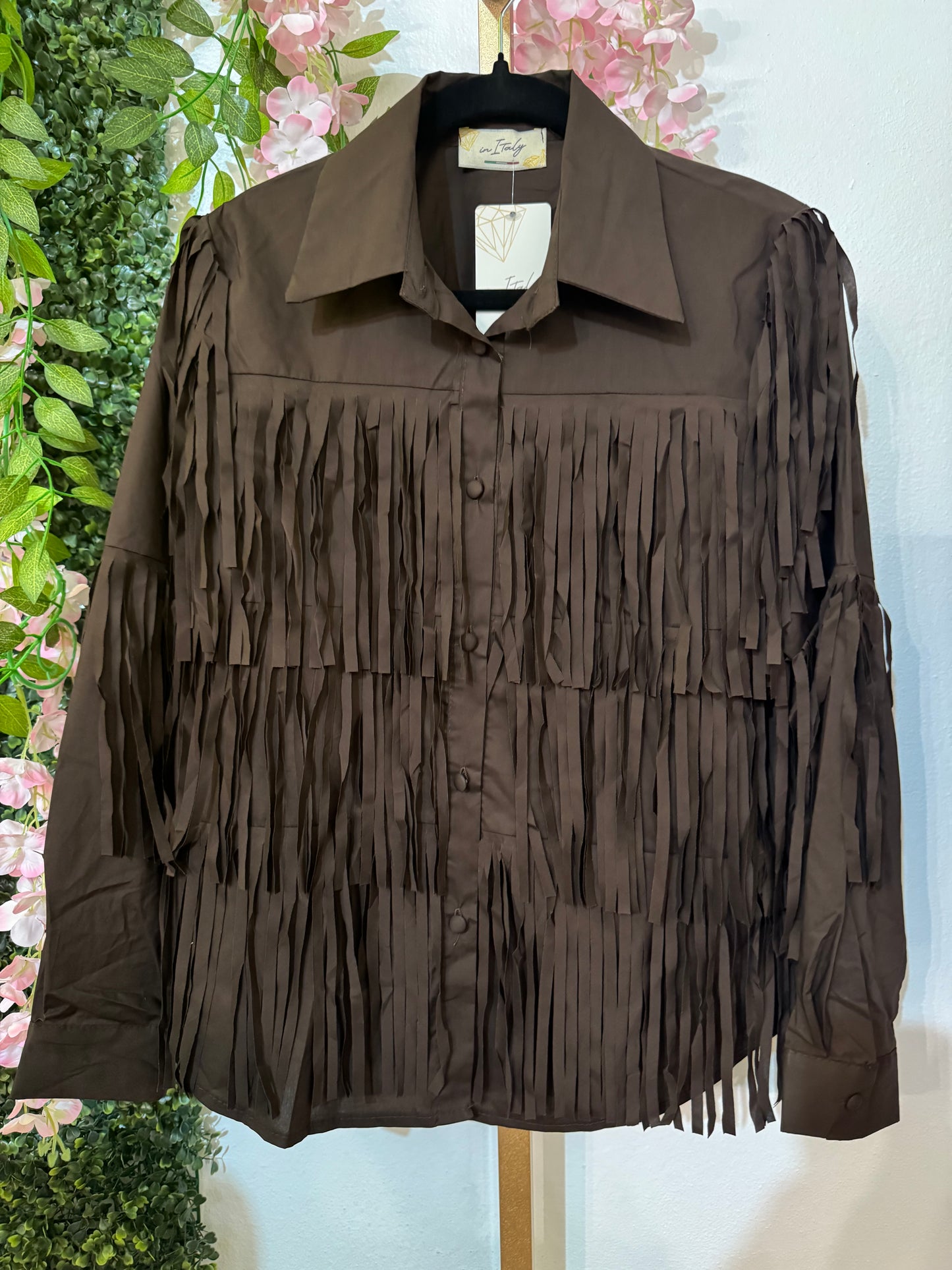 Italian Fringes Button Down Top Brown